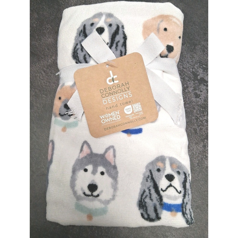 Deborah Connolly Set of 2 White Hand Towels /w Puppies/Dogs